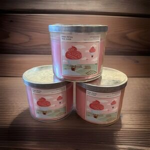 Bath & Body Works Pink Petal Tea Cake 3-Wick Candles Bakery Floral New Lot Of 3*